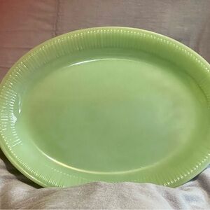 VTG FIRE-KING USA JADEITE PLATTER RIBBED Oven Ware Green 12" Opaque Jade Plate